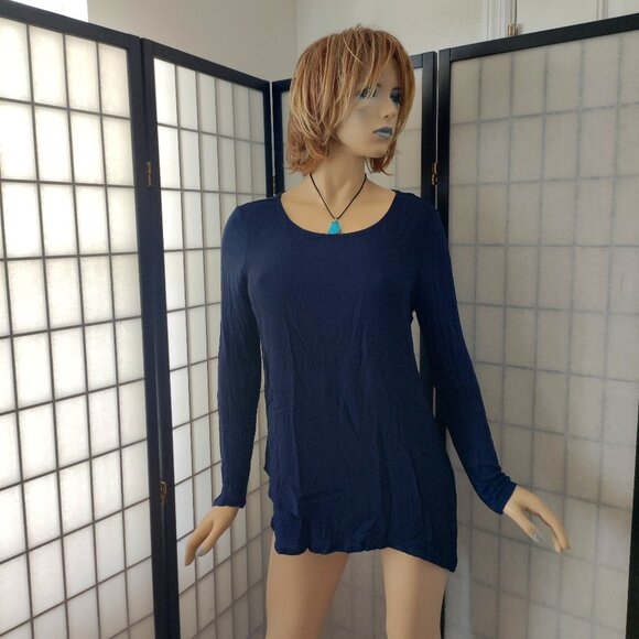 NWOT Chico's Sz 1/M Navy Blue Asymmetrical Hem Stretchy Crew Neck Tunic Top - Picture 1 of 8